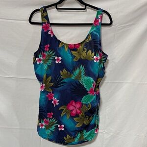 Tropical Scoop One-Piece Swimsuit in Navy with Pink Floral Print